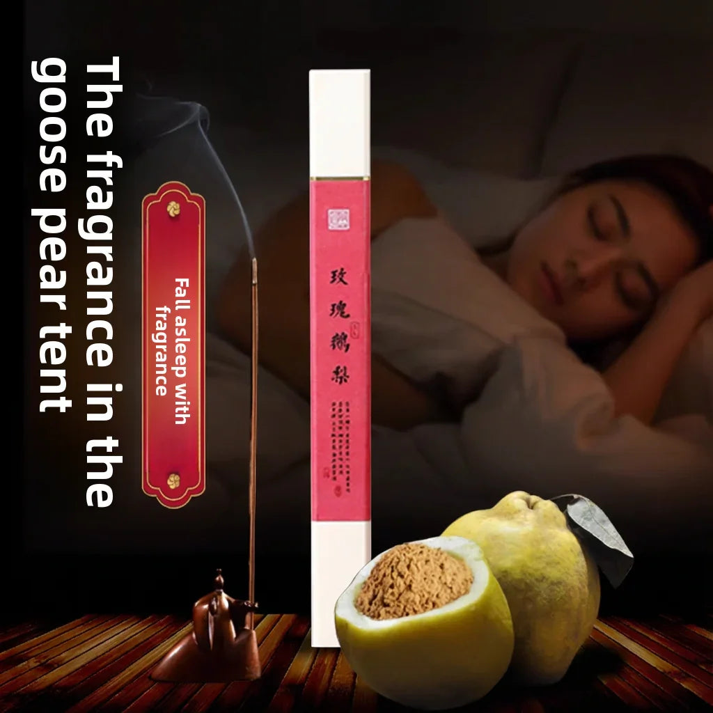 Sleeping woman with incense stick, rose fragrance packaging, and fresh goose pear on wooden surface