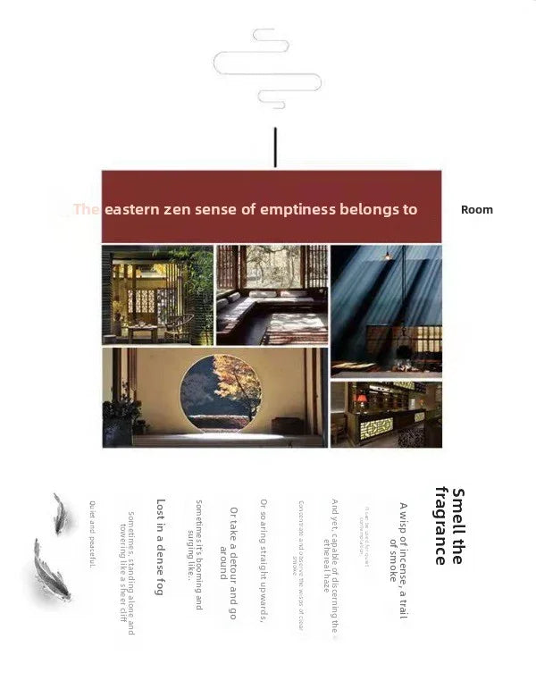 Collage of eastern Zen rooms with natural light, round window, incense, wooden decor, and peaceful atmosphere