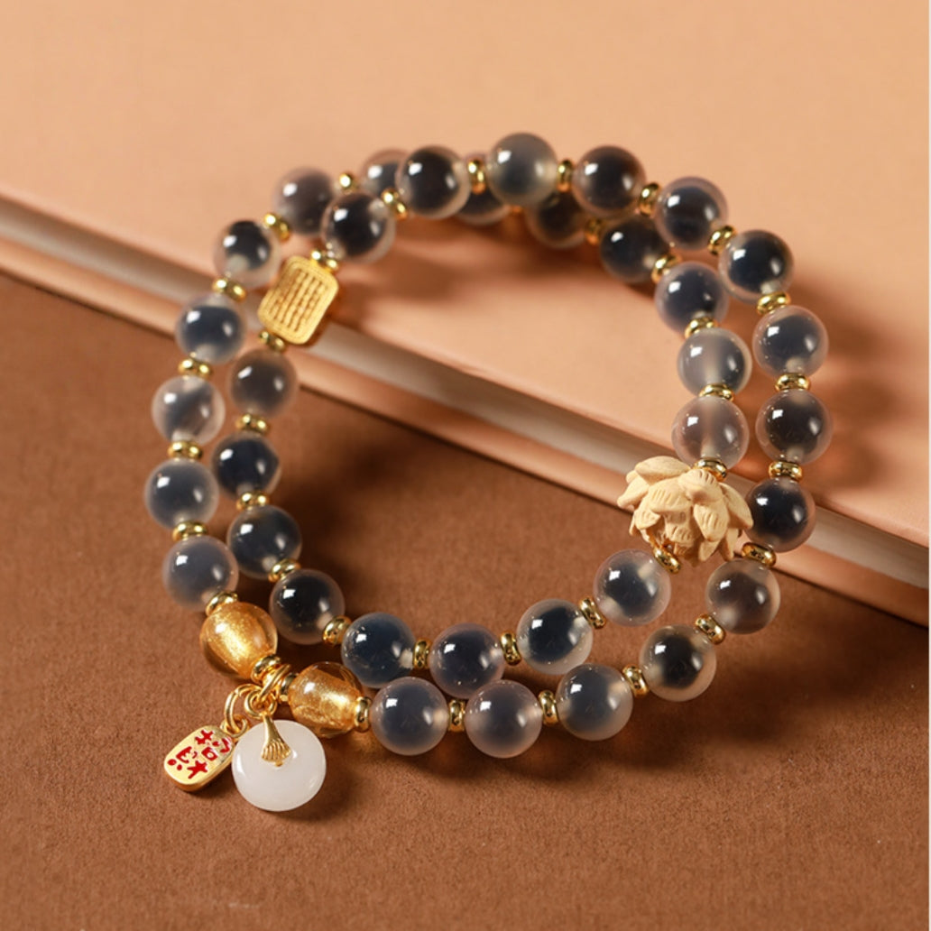 Hand-Carved Boxwood & Natural Gobi 'Candy' Agate Double-Wrap Bracelet