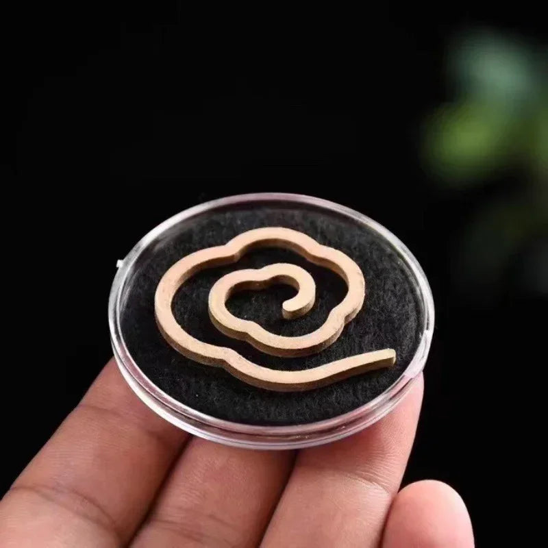Hand holding round clear case with light-colored spiral incense coil on black background