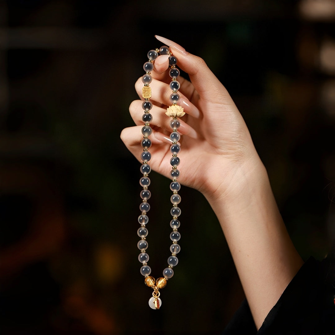 Hand-Carved Boxwood & Natural Gobi 'Candy' Agate Double-Wrap Bracelet