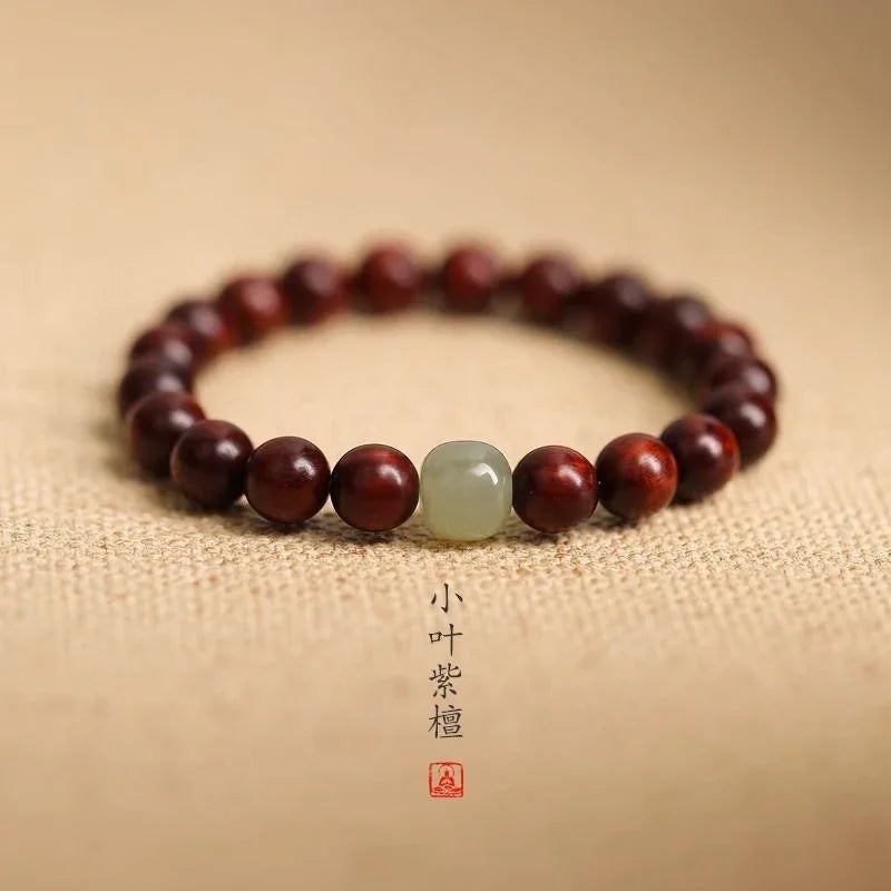 Red Sandalwood & Golden Silk Bead Bracelet | Premium Hetian Jade Spacer