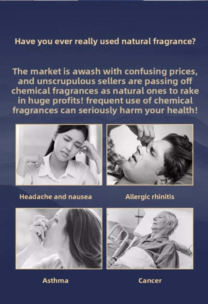 Warning about chemical fragrances risks: headache, nausea, allergic rhinitis, asthma, cancer with black and white images