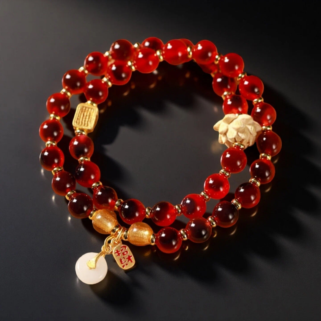 Hand-Carved Boxwood & Natural Gobi 'Candy' Agate Double-Wrap Bracelet