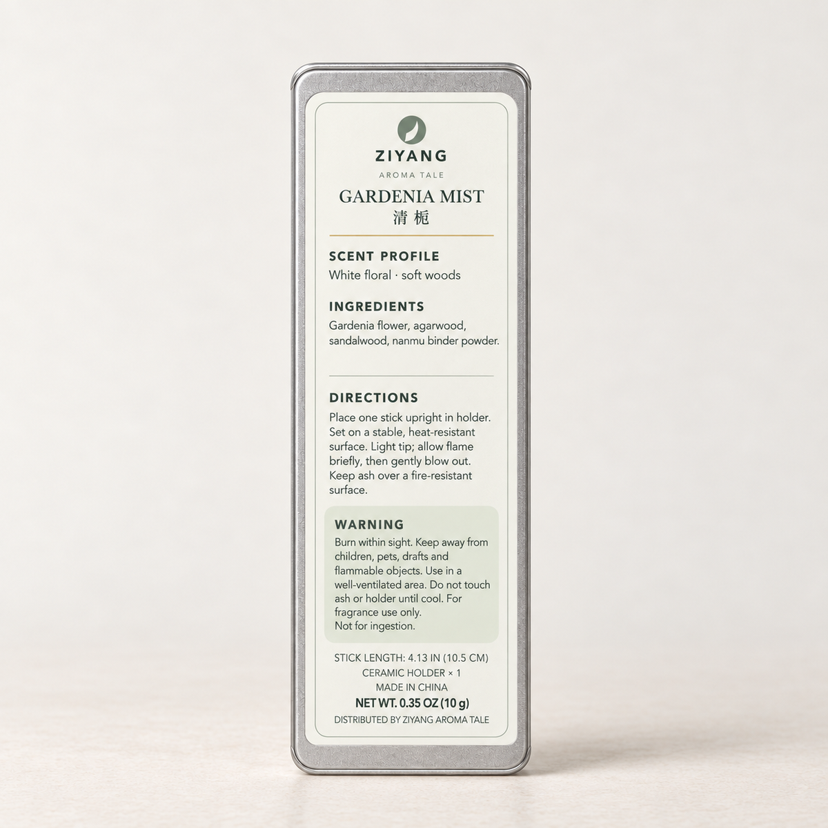 Gardenia Mist pocket incense back label and safety directions