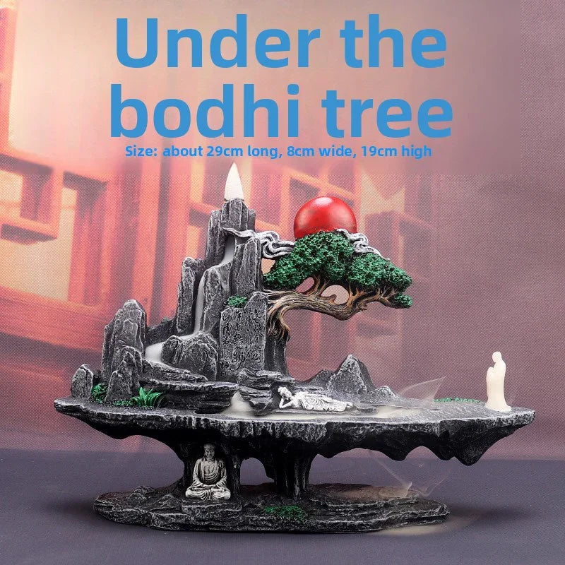 Under the bodhi tree incense burner with Buddha statue, mountain design, red sun, and green tree
