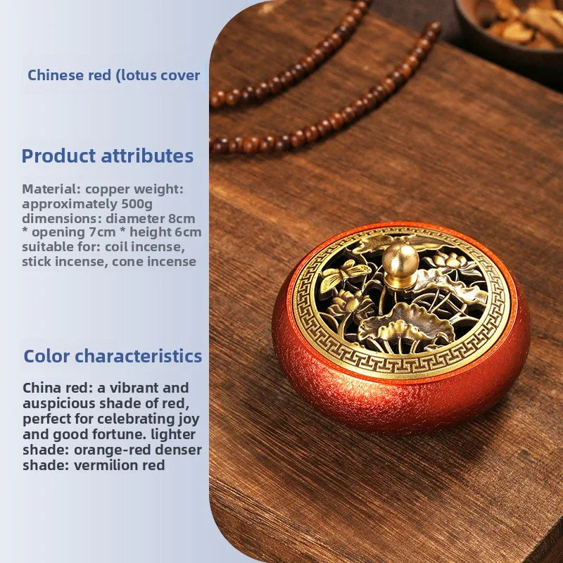 Chinese red copper incense burner with lotus cover on wooden tray, surrounded by prayer beads and nuts