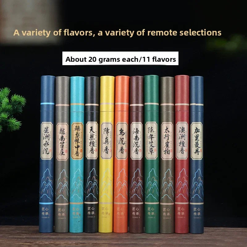 Eleven colorful incense stick boxes labeled with Chinese characters, each about 20 grams, arranged side by side