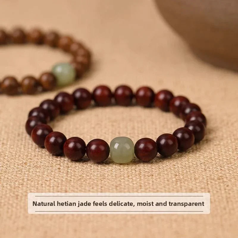 Red Sandalwood & Golden Silk Bead Bracelet | Premium Hetian Jade Spacer