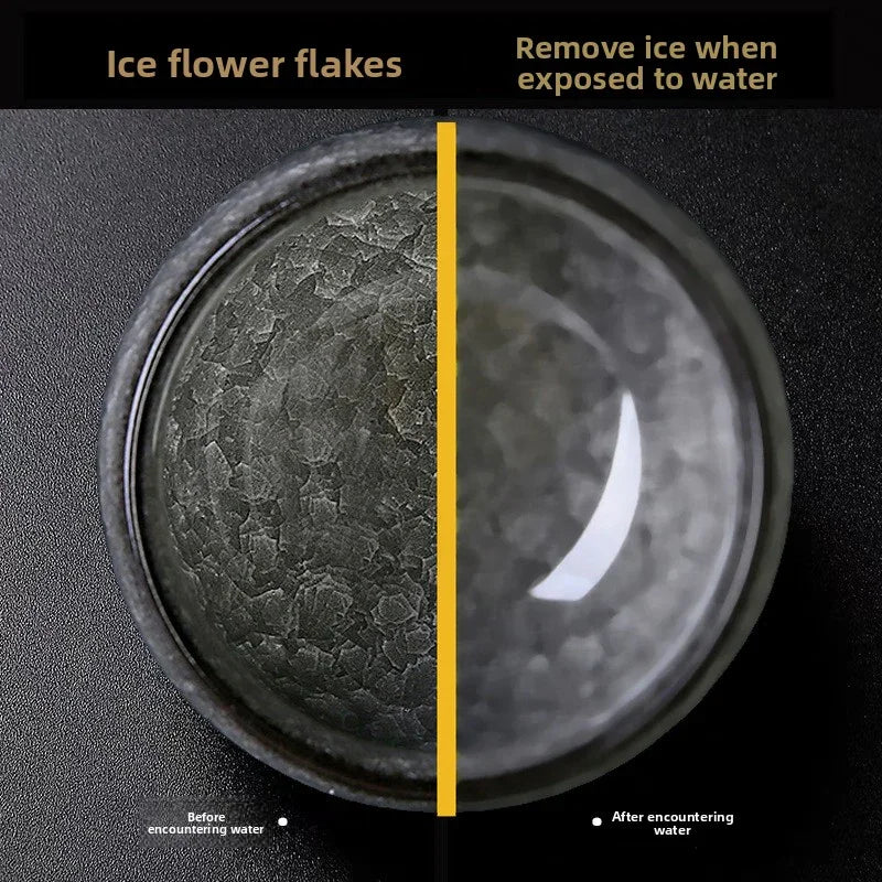 Top view of a round container showing ice flower flakes before and after contact with water, with overlay text instructions