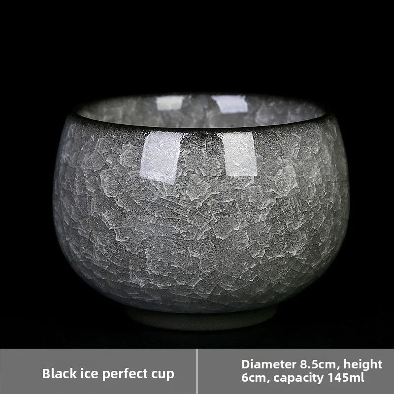 Glossy black ice textured ceramic cup with 8.5cm diameter and 145ml capacity