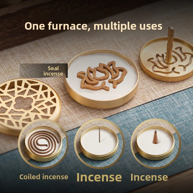 Gold incense furnace with lotus seal incense, coiled incense, stick incense, and cone incense on woven mat