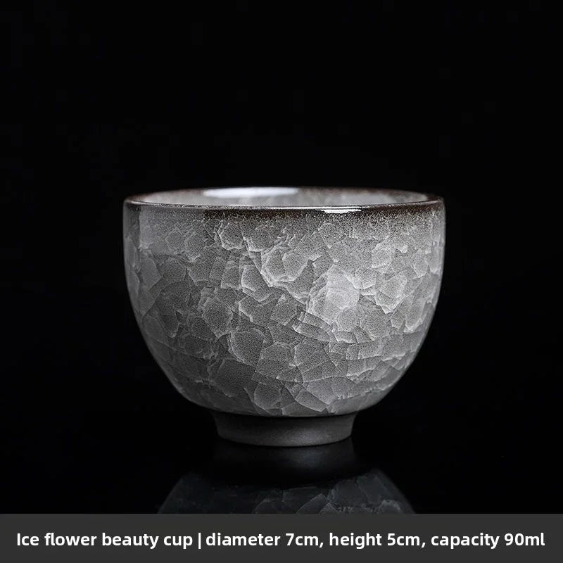 Ice flower ceramic beauty cup with gray textured glaze, 7cm diameter, 5cm height, 90ml capacity
