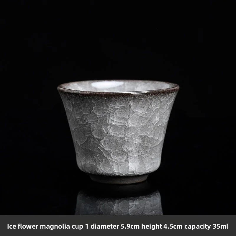 Gray ice flower magnolia ceramic cup with textured glaze, 5.9cm diameter, 4.5cm height, 35ml capacity