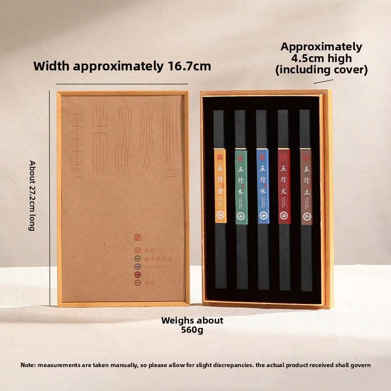Set of five black rectangular ink sticks in a wooden box with Chinese labels and product measurements