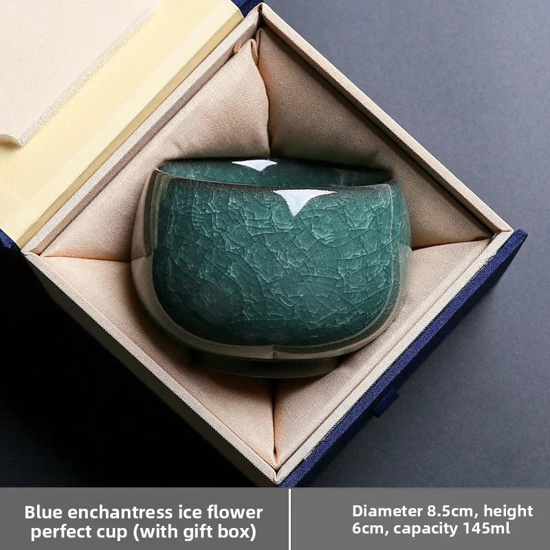 Blue green crackle glaze ceramic teacup in beige silk-lined gift box, 145ml capacity