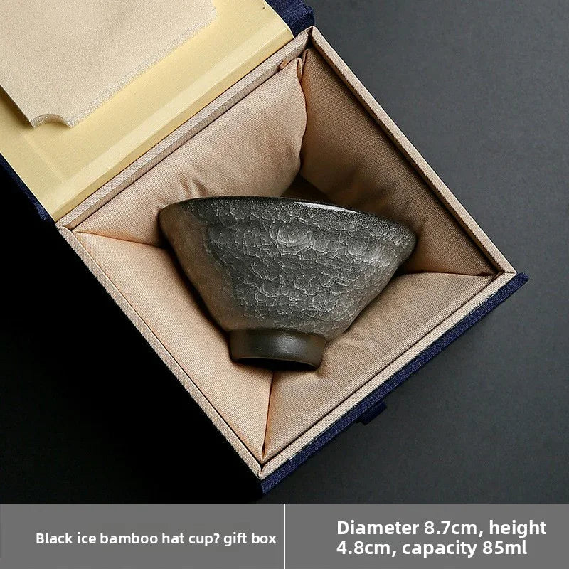 Black ice bamboo tea cup with textured surface in a padded gift box, 8.7cm diameter, 85ml capacity