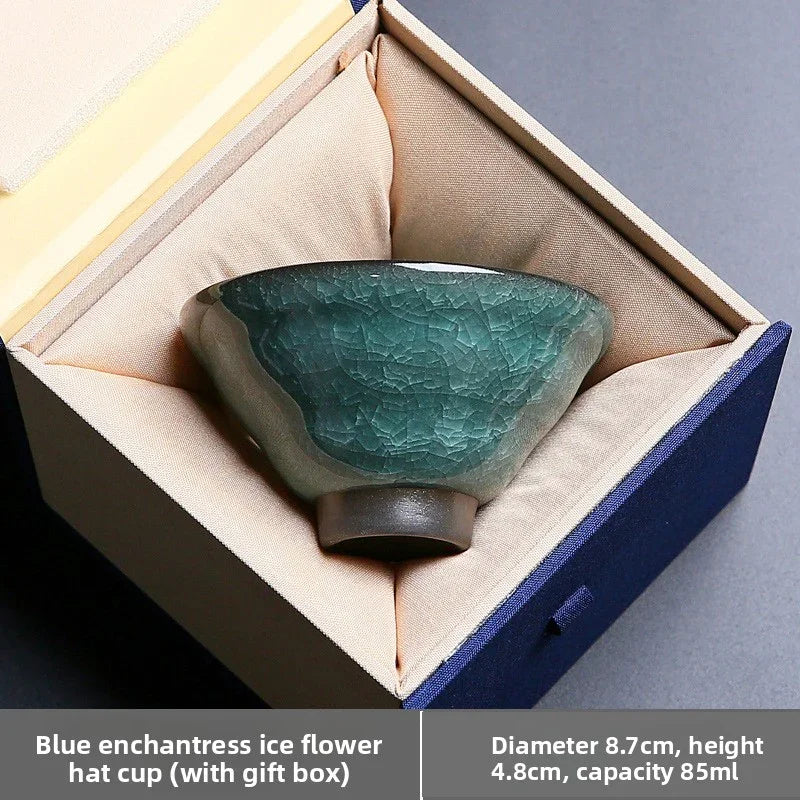 Blue ice-crack ceramic cup with gift box, diameter 8.7cm, height 4.8cm, 85ml capacity