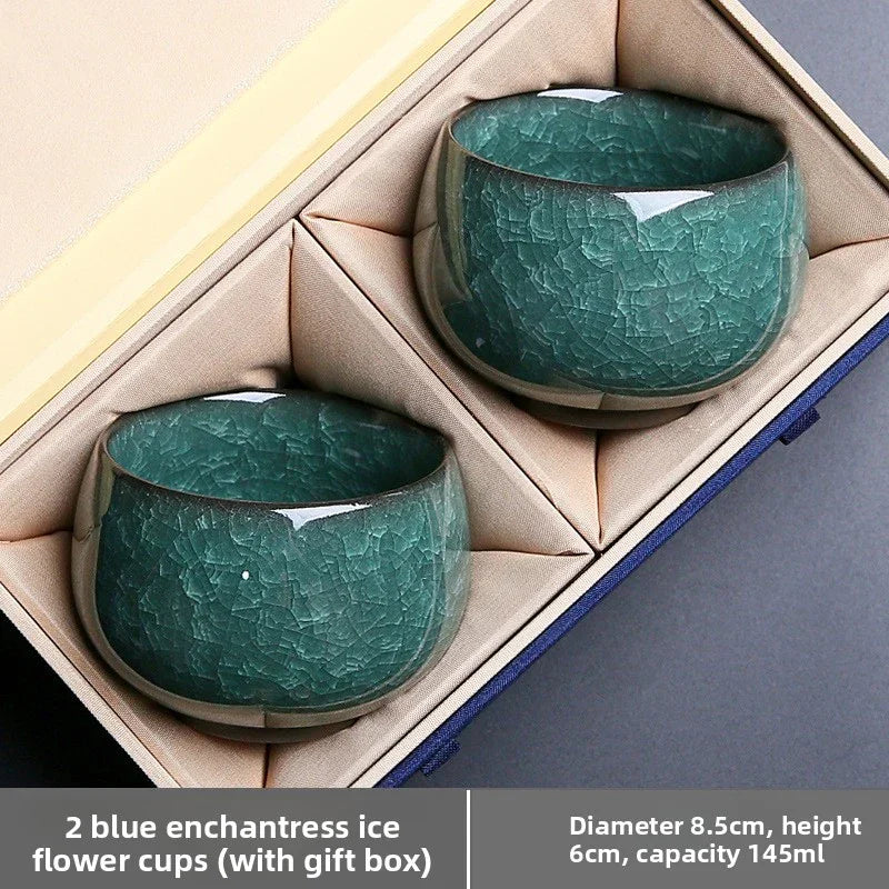 Two blue crackled glaze ceramic tea cups in a beige gift box, 145ml capacity each