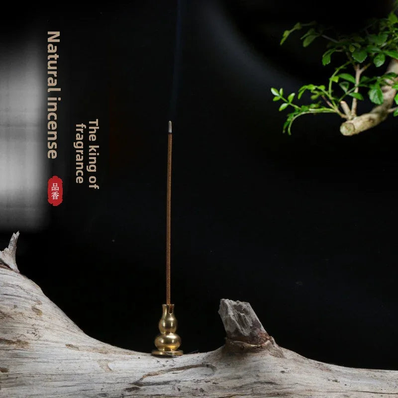 Natural incense stick burning in golden holder on driftwood with green branch and black background