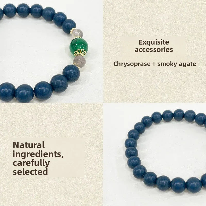 Blue bead bracelet with green chrysoprase and smoky agate stones, natural gemstone accessories