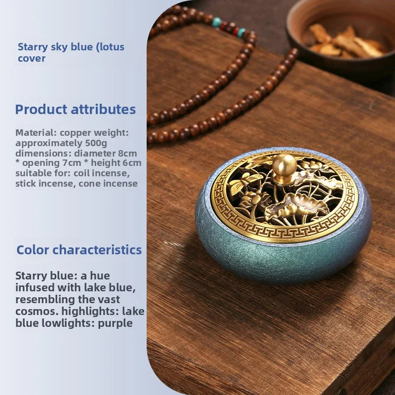 Starry sky blue copper incense burner with lotus cover and intricate golden lid on wooden surface with prayer beads
