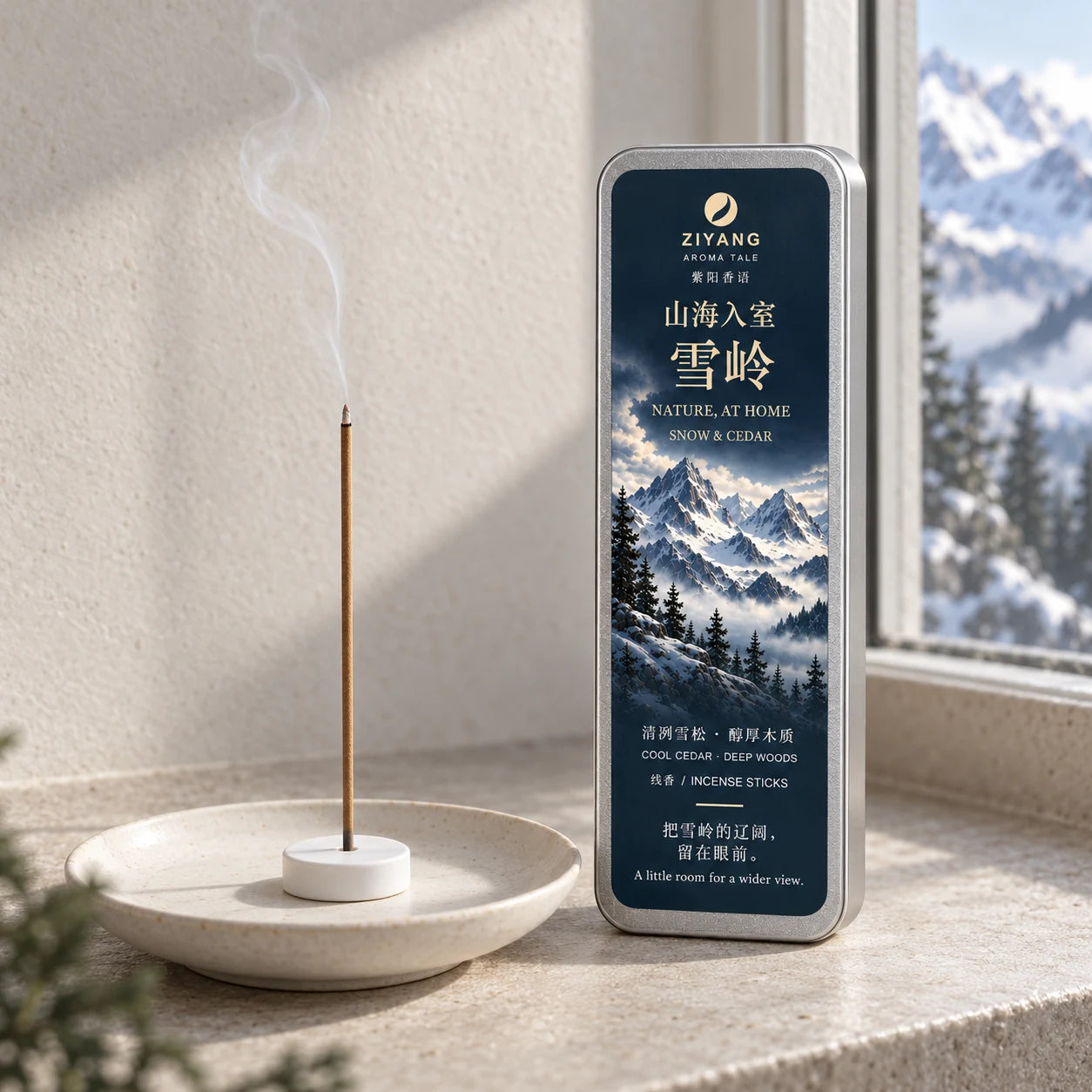Snow & Cedar incense in use; styled product imagery