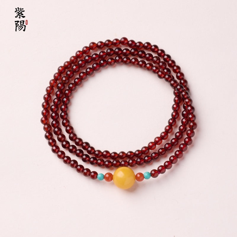 Natural three-circle garnet bracelet women's crystal Hetian jade bracelet gift light luxury niche simple jewelry