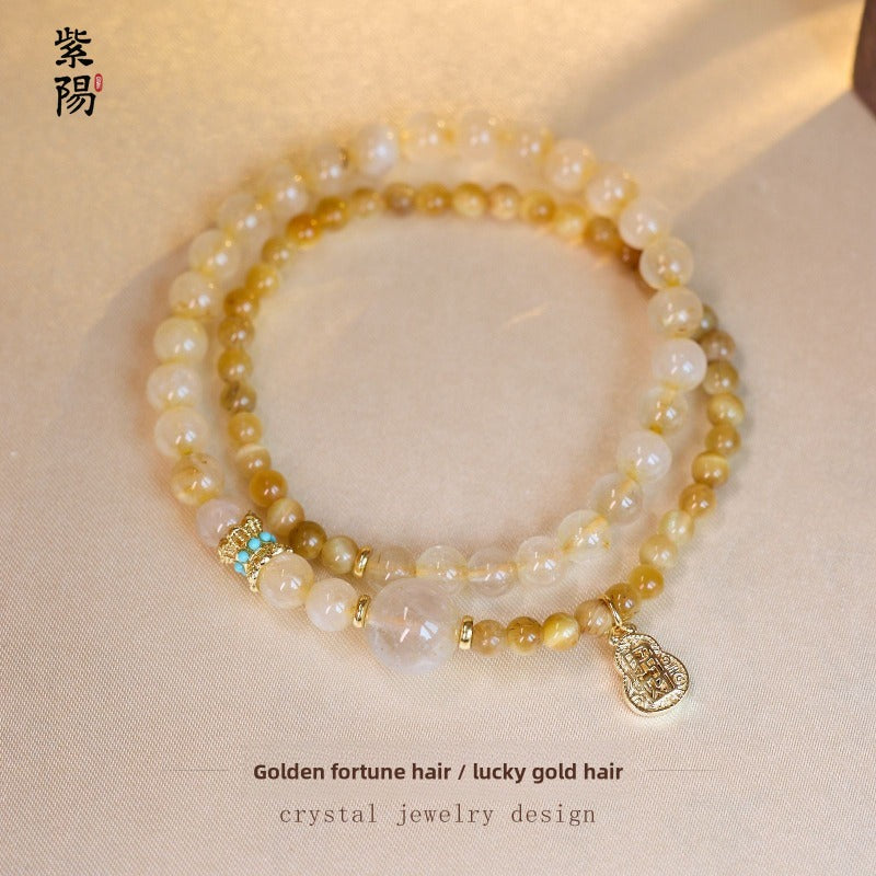 Zhao Mi Gold Hair Crystal Bracelet, Jewelry Tiger's Eye Stone White Crystal Amethyst Good Luck Double Ring Bracelet Beaded
