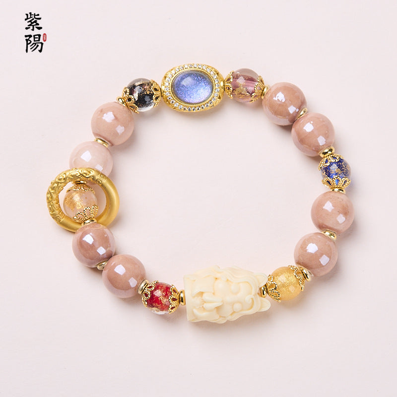 Incense Ash Glazed Bracelet Pink Porcelain Nine-tailed Fox Gold Foil Good Luck Bracelet Girlfriend Gift