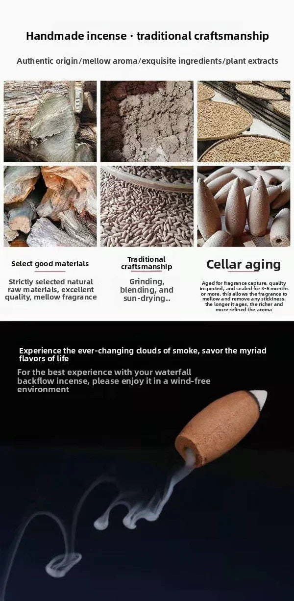 Handmade incense materials including wood, powder, seeds, and cone-shaped incense producing flowing smoke