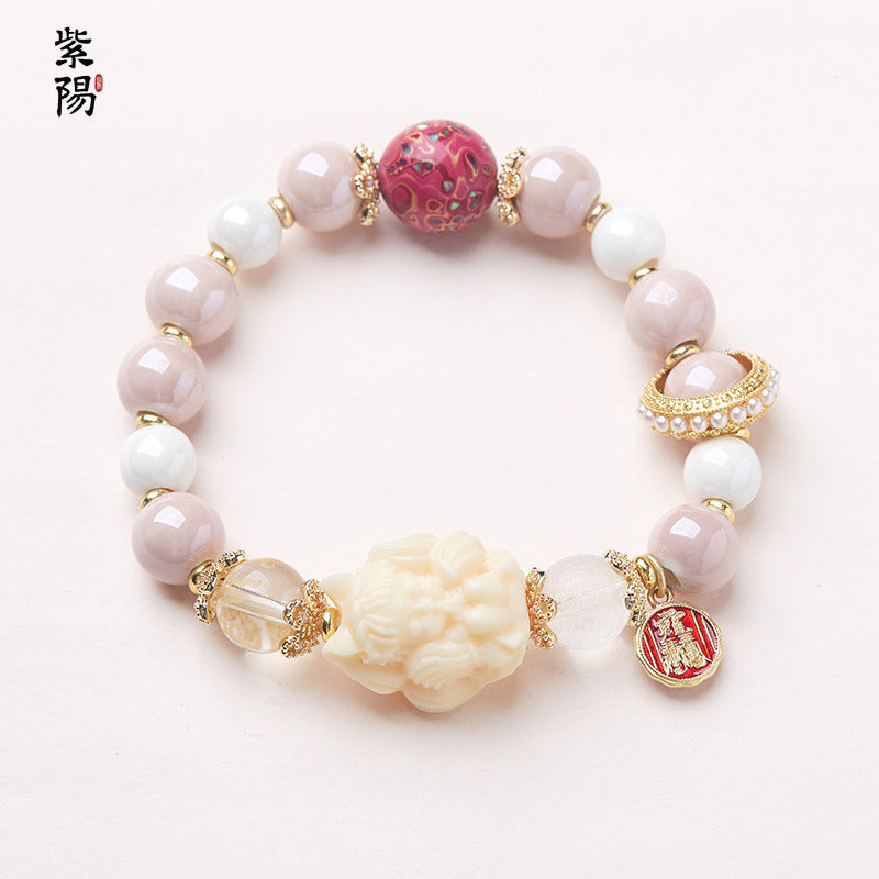 Incense Ash Glazed Bracelet Pink Porcelain Nine-tailed Fox Gold Foil Good Luck Bracelet Girlfriend Gift