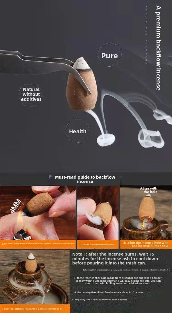 Premium natural backflow incense cone burning with white smoke, held by tweezers, health and pure aroma