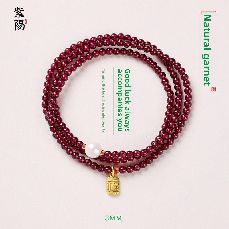 Natural three-circle garnet bracelet women's crystal Hetian jade bracelet gift light luxury niche simple jewelry