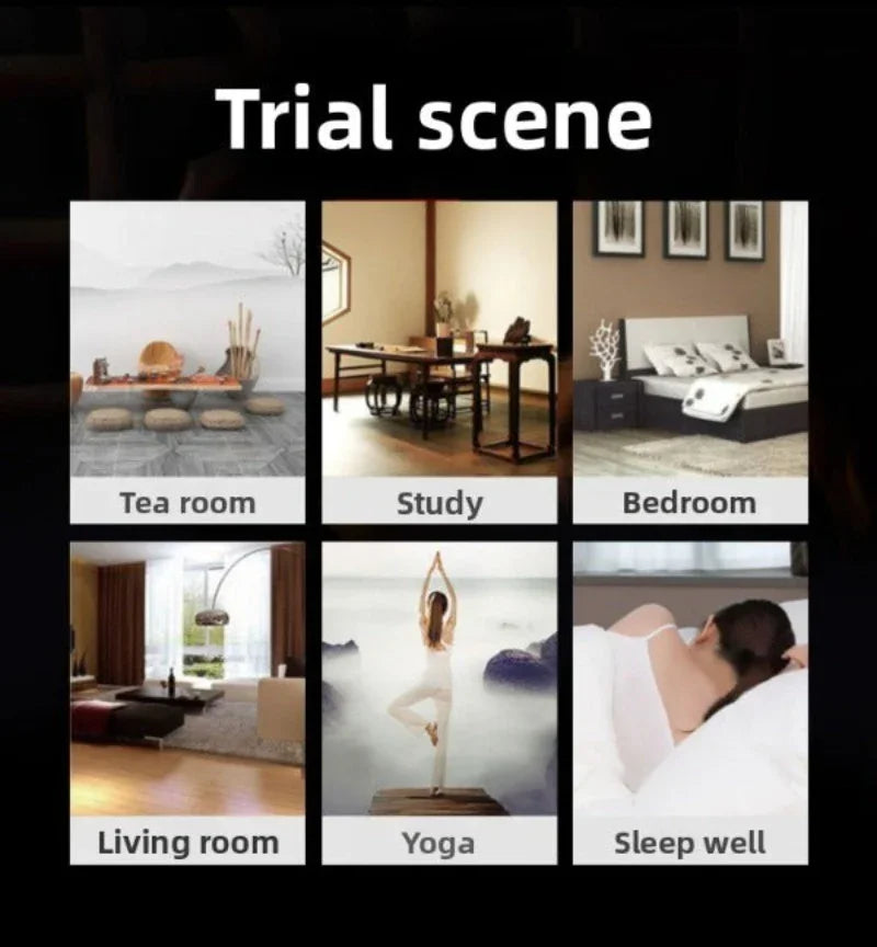 Collage of six peaceful indoor and outdoor scenes: tea room, study, bedroom, living room, outdoor yoga, and restful sleep