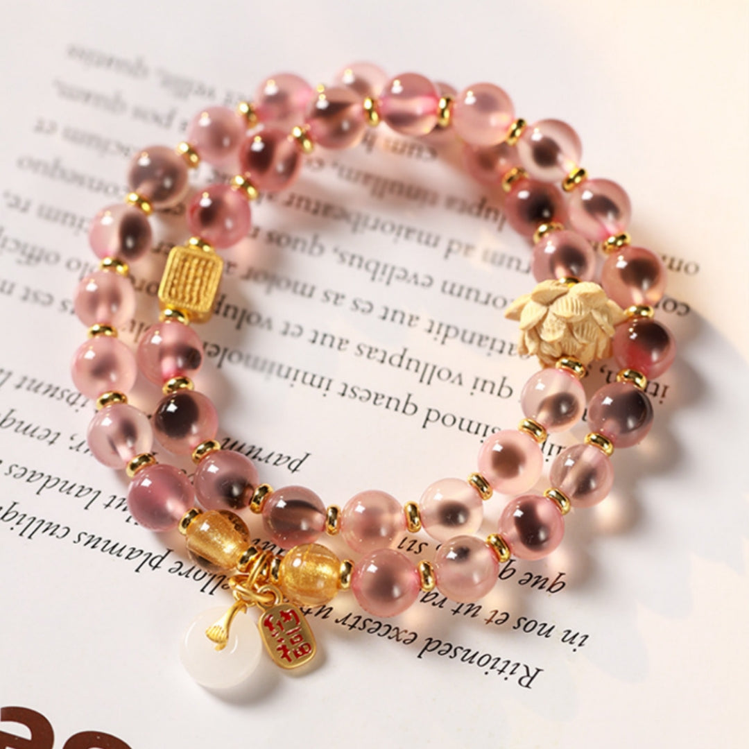 Hand-Carved Boxwood & Natural Gobi 'Candy' Agate Double-Wrap Bracelet