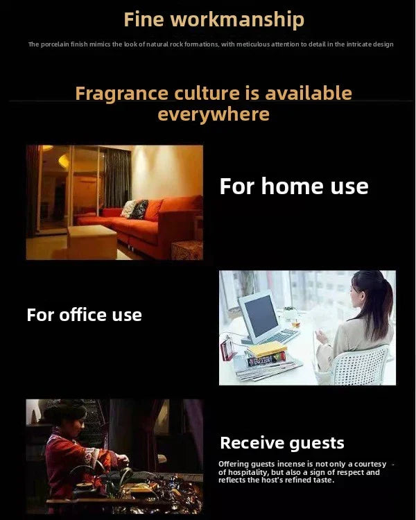 Collage showing cozy home living room, woman working at office desk, and person offering incense in hospitality setting