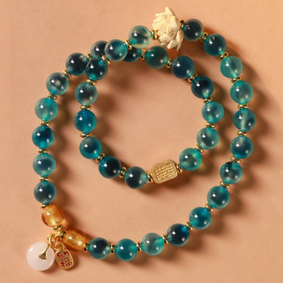 Hand-Carved Boxwood & Natural Gobi 'Candy' Agate Double-Wrap Bracelet