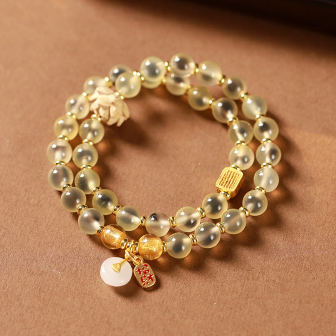 Hand-Carved Boxwood & Natural Gobi 'Candy' Agate Double-Wrap Bracelet