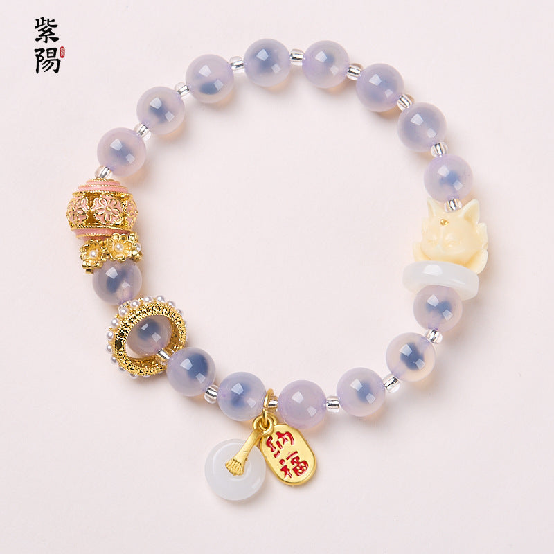 Incense Ash Glazed Bracelet Pink Porcelain Nine-tailed Fox Gold Foil Good Luck Bracelet Girlfriend Gift