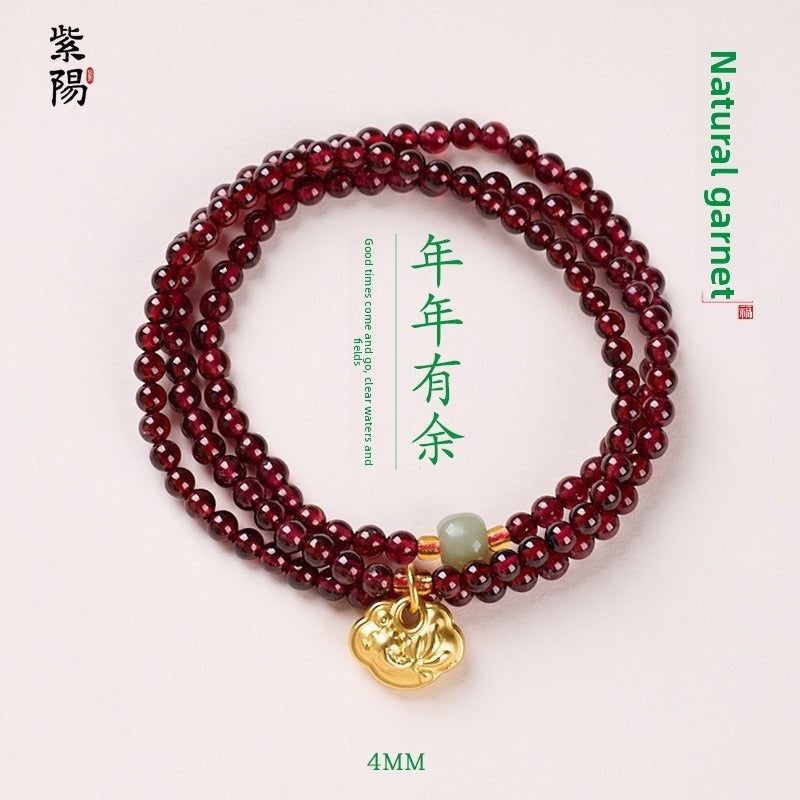 Natural three-circle garnet bracelet women's crystal Hetian jade bracelet gift light luxury niche simple jewelry