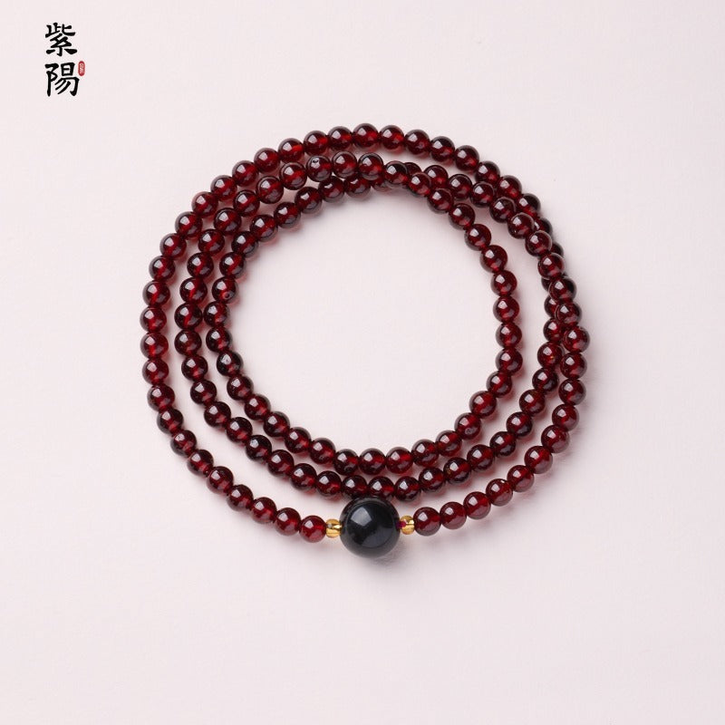 Natural three-circle garnet bracelet women's crystal Hetian jade bracelet gift light luxury niche simple jewelry