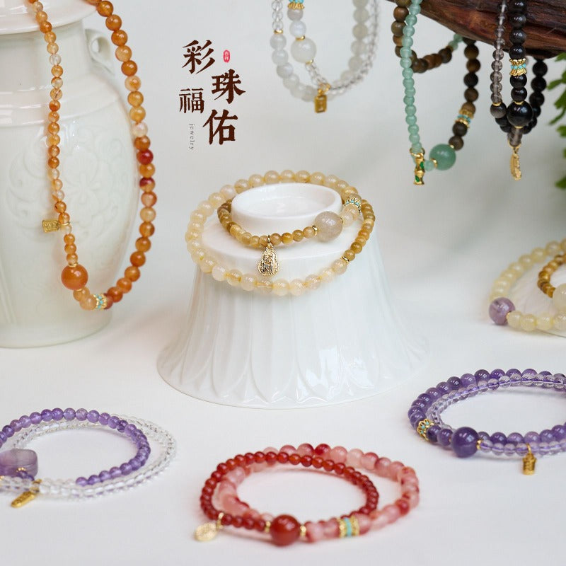 Zhao Mi Gold Hair Crystal Bracelet, Jewelry Tiger's Eye Stone White Crystal Amethyst Good Luck Double Ring Bracelet Beaded