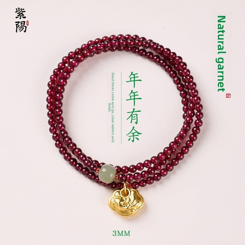 Natural three-circle garnet bracelet women's crystal Hetian jade bracelet gift light luxury niche simple jewelry