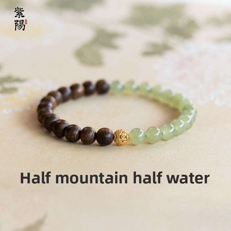 Chinese agarwood bracelet women's natural Hetian blue and white jade transfer beads wooden jade half mountain and half water Chinese style bracelet