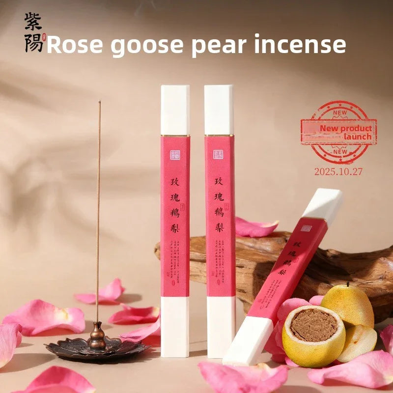 Rose goose pear incense sticks with pink packaging, burning incense in holder, pear fruit, and rose petals