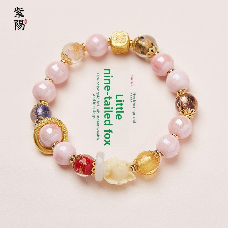 Incense Ash Glazed Bracelet Pink Porcelain Nine-tailed Fox Gold Foil Good Luck Bracelet Girlfriend Gift
