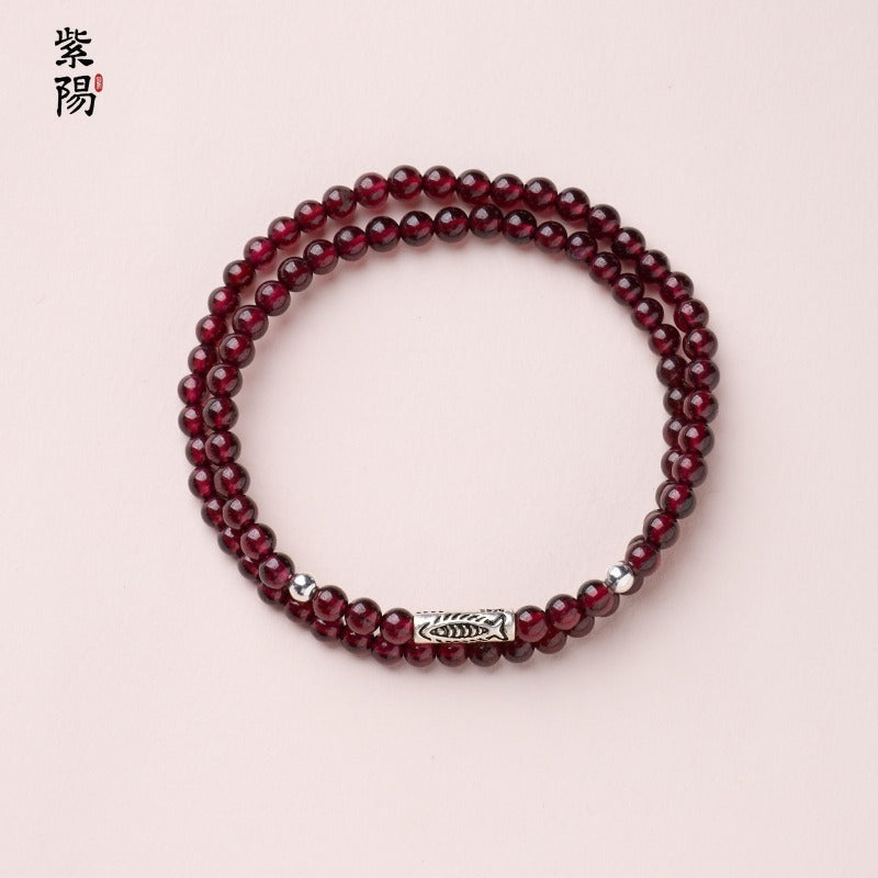 Natural three-circle garnet bracelet women's crystal Hetian jade bracelet gift light luxury niche simple jewelry
