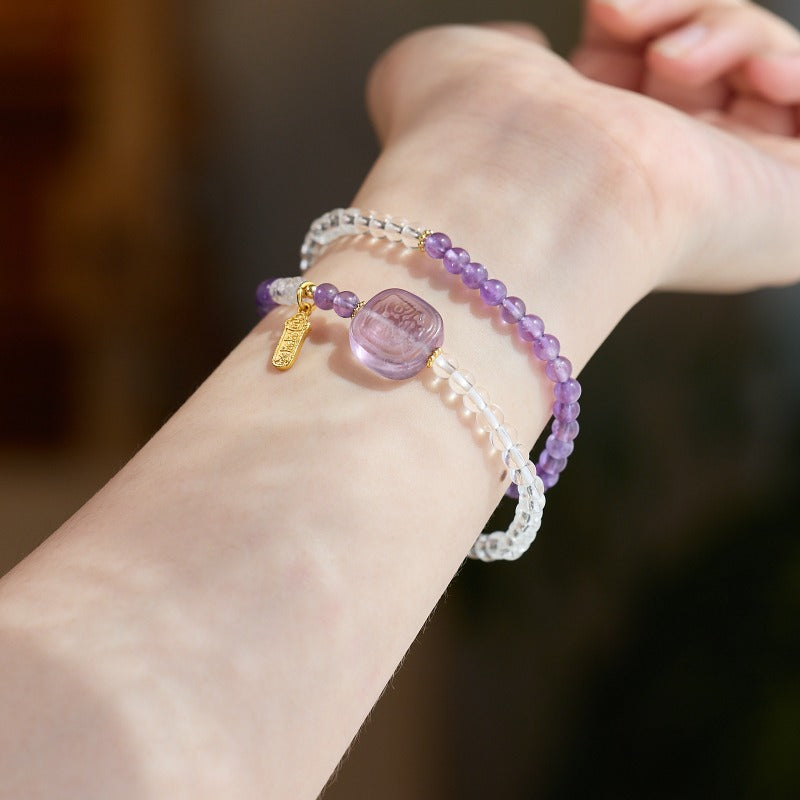 Zhao Mi Gold Hair Crystal Bracelet, Jewelry Tiger's Eye Stone White Crystal Amethyst Good Luck Double Ring Bracelet Beaded