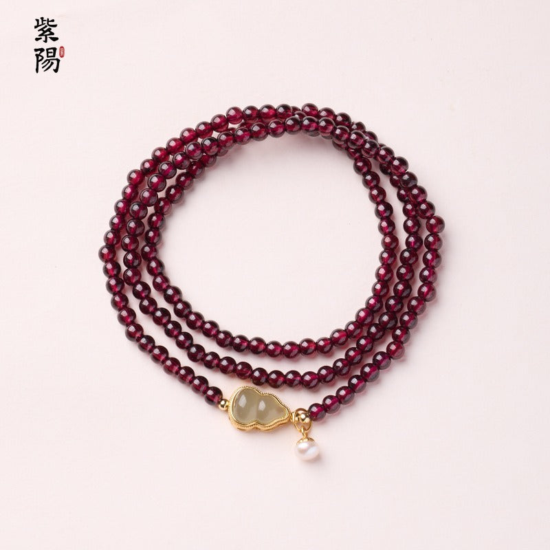 Natural three-circle garnet bracelet women's crystal Hetian jade bracelet gift light luxury niche simple jewelry